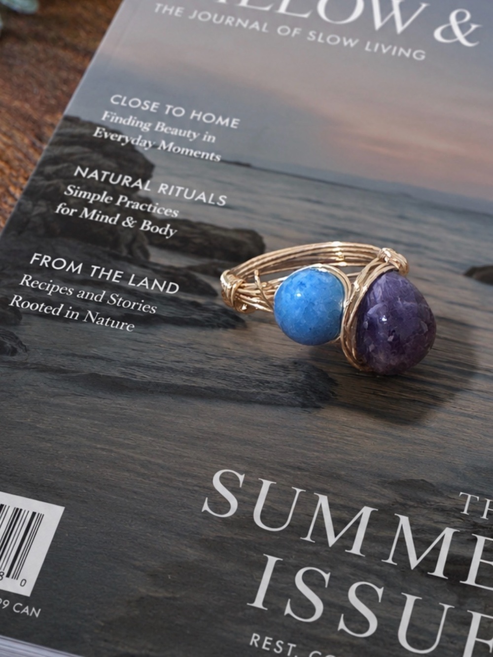 Larimar  and Purple Amethyst Stone Gold wire wrapped Ring size 7